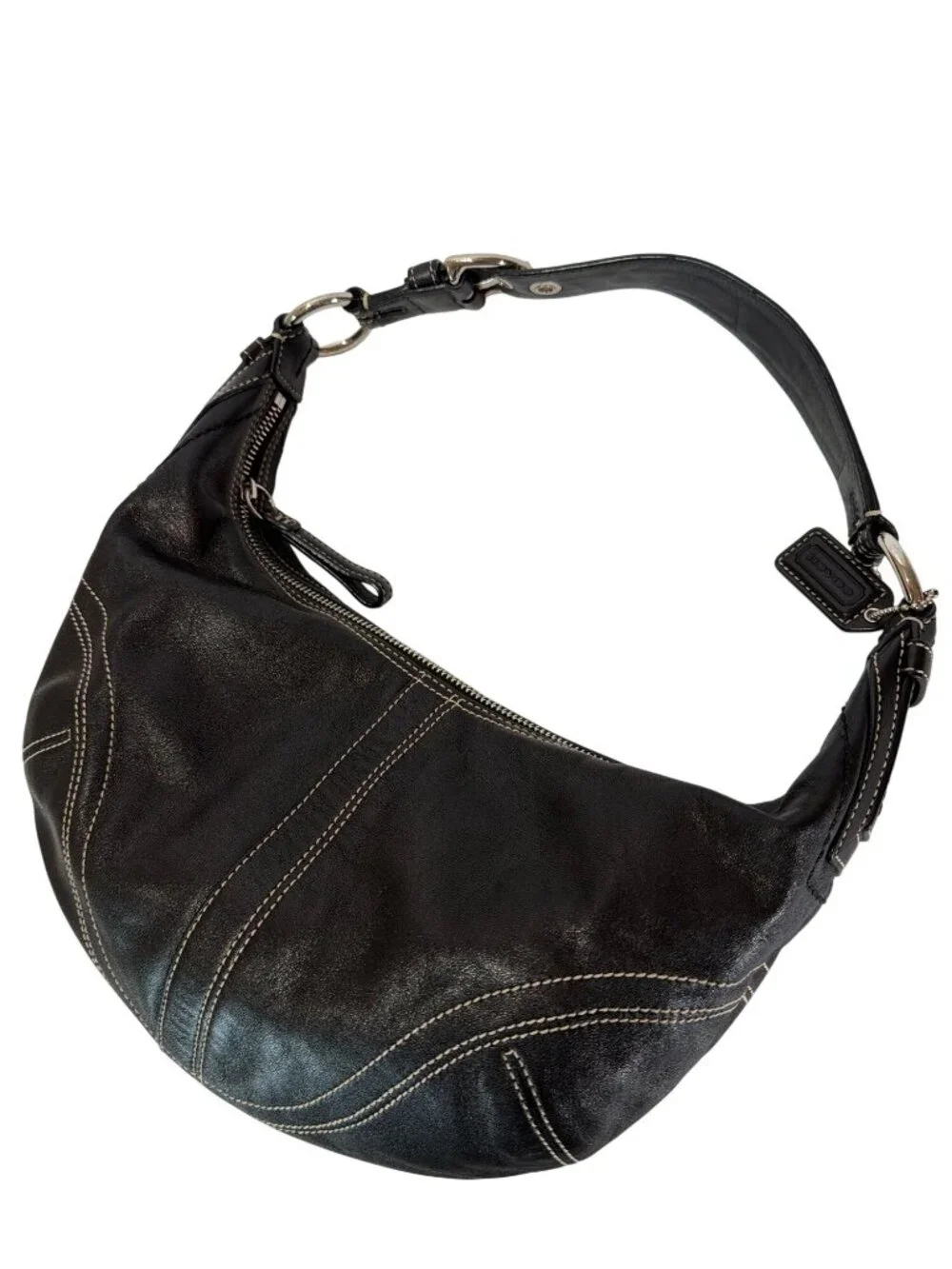 Coach Vintage Y2K Black Leather Soho Hobo Crescent Bag With White Contrast Stitc